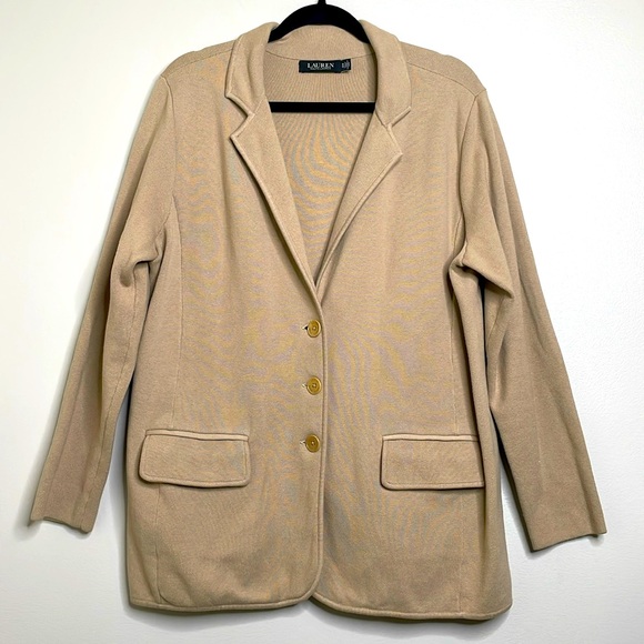 Lauren Ralph Lauren Black Label Cotton Blend Knit Blazer Jacket Tan Size 1X - Picture 2 of 15